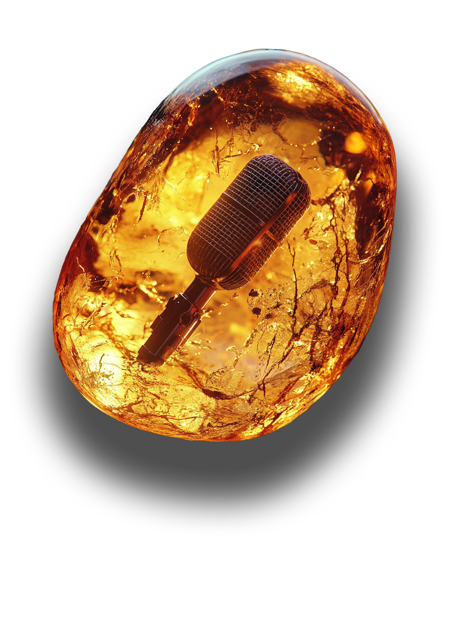 A microphone encased in glossy, amber-colored resin.