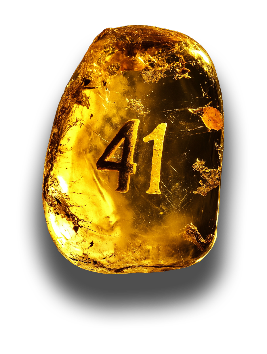 The number 41 encased in glossy, amber-colored resin.