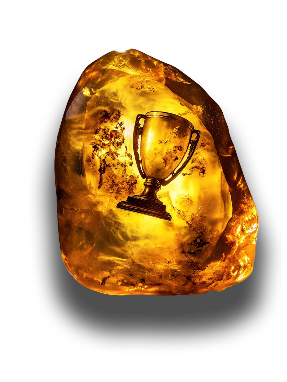 A trophy encased in glossy, amber-colored resin.